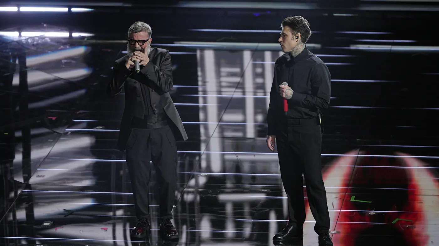Fedez & Masini performs during the 76th edition of the Sanremo Italian Song Festival at the Ariston Theatre in Sanremo, northern Italy - Tuesday, February 24, 2026. Entertainment. (Photo by Marco Alpozzi/LaPresse)