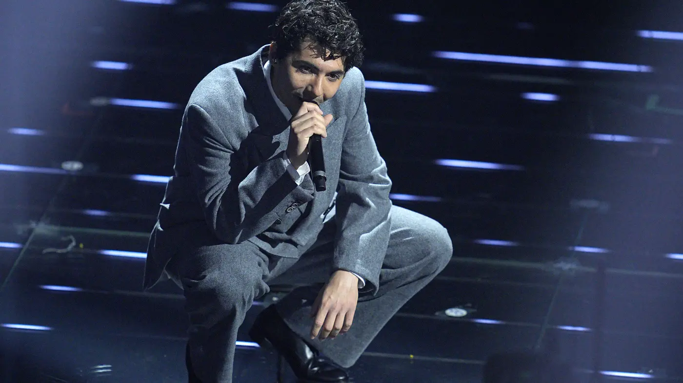 Fulminacci  performs during the 76th edition of the Sanremo Italian Song Festival at the Ariston Theatre in Sanremo, northern Italy - Tuesday, February 24, 2026. Entertainment. (Photo by Marco Alpozzi/LaPresse)