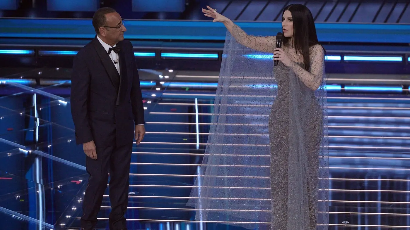 Carlo Conti and Laura Pausini the 76th edition of the Sanremo Italian Song Festival at the Ariston Theatre in Sanremo, northern Italy - Tuesday, February 24, 2026. Entertainment. (Photo by Marco Alpozzi/LaPresse)
