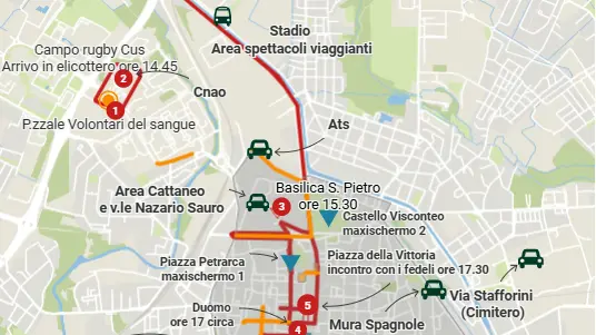 In rosso le strade chiuse, in arancio le strade coi divieti di sosta (che valgono anche nelle strade chiude al traffico. Chiuso anche lo svincolo in uscita per Istituti universitari da Milano