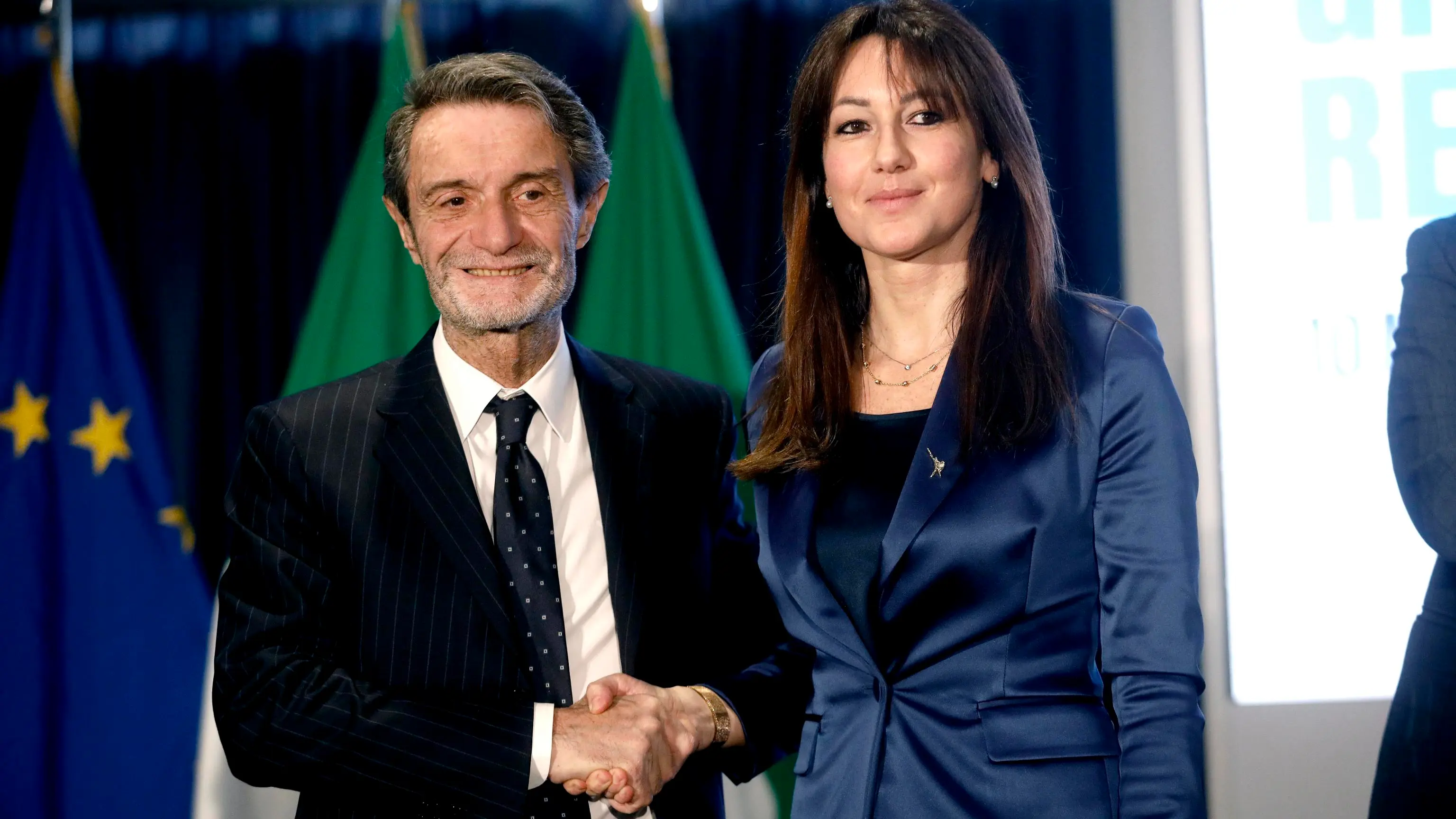 Il Presidente Attilio Fontana con la nuova Assessora alla Famiglia e Solidarietà Sociale Elena Lucchini durante la presentazione della nuova giunta regionale nel sala Biagi a Palazzo Lombardia a Milano, 10 marzo 2023.ANSA/MOURAD BALTI TOUATI