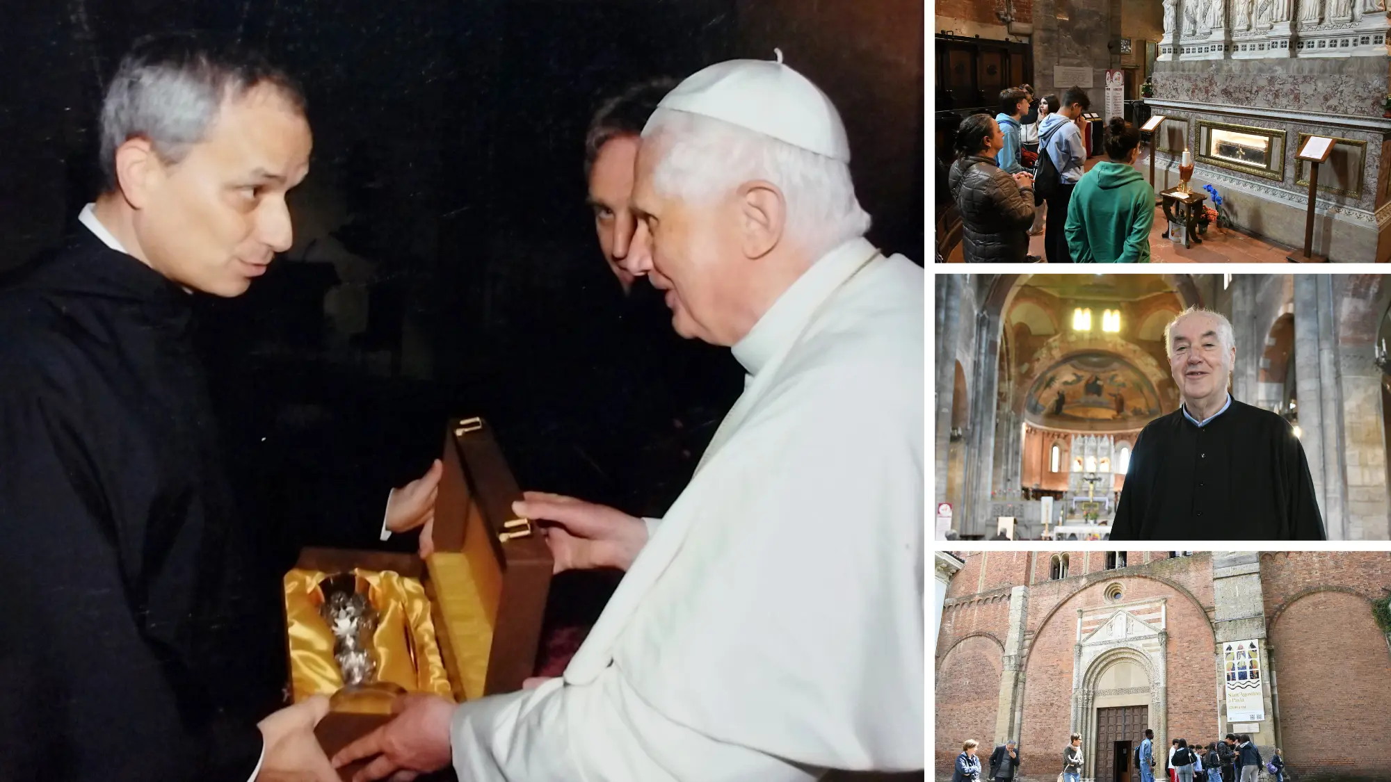 Robert Prevost in qualità di priore generale accoglie Papa Ratzinger a Pavia: è l’aprile 2007; a sinistra dall’alto i fedeli ieri particolarmente numerosi ieri in San Pietro in Ciel d’Oro e l’attuale priore Casagrande. In basso la basilica