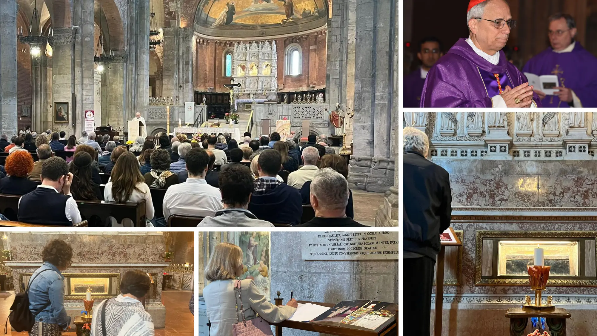 La messa di ieri, i fedeli davanti all’urna e all’ingresso sul libro delle dediche; a destra l’allora cardinale Prevost, oggi Papa Leone XIV, durante l’ultima visita a Pavia quando officiò la messa per le celebrazioni di S. Agostino nel febbraio 2024 e, sotto, l’Arca del Santo